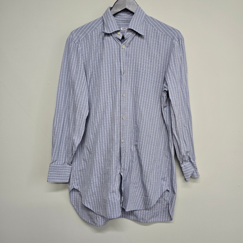 Kiton Dress Shirt Mens 16 Blue Tan Check Cotton Italy Business Luxury‎